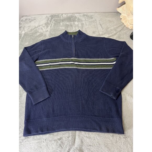 Eddie Bauer Sweater Mens Large Navy Blue/Green Striped Quarter Zip 100% Cotton - Picture 1 of 10
